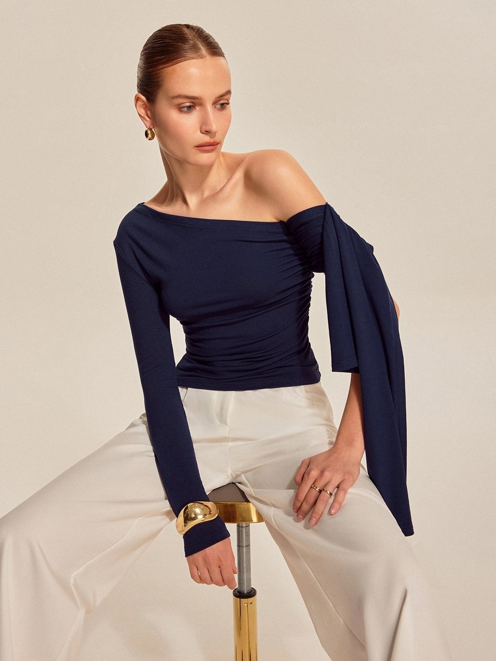Commense Asymmetrical Draped Sleeve Top - Black - Picture 3 of 3